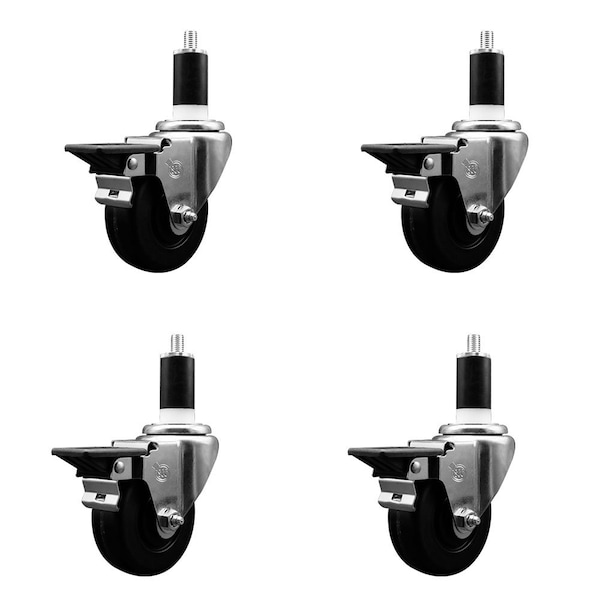 3.5'' Phenolic Swivel 1-3/8'' Expanding Stem Caster Set with Brake, 4PK